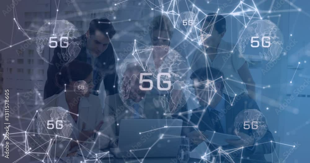 Poster collaborating in office, business team using animation with 5g network connections