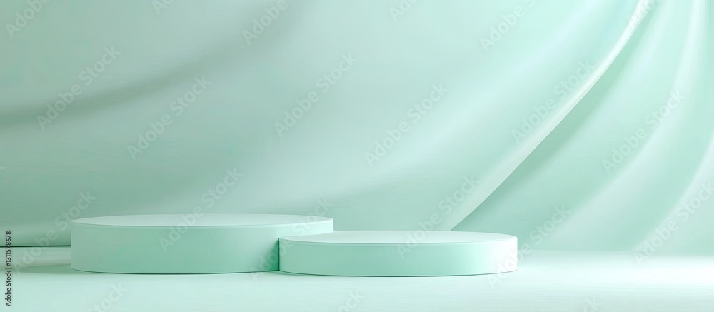 Poster minimalist pedestals in soft mint green hues against a flowing fabric backdrop creating a serene dis