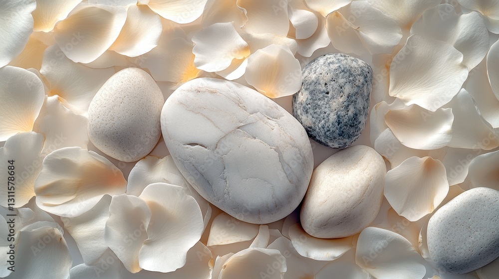 Poster Natural decorative arrangement of smooth stones and delicate flower petals on a soft surface displaying tranquility and harmony in a serene setting