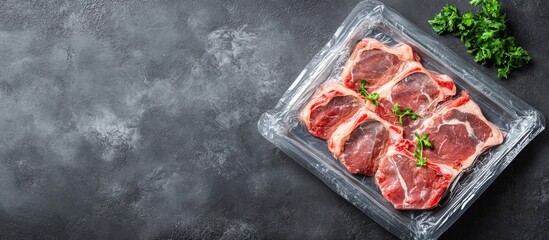 Sliced fresh pork chops in plastic packaging on dark gray stone surface with parsley garnish and ample copyspace for text ideas