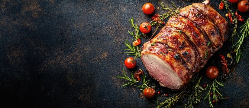 Succulent pork roast garnished with fresh rosemary and cherry tomatoes on a dark textured background, showcasing rich colors and appetizing details.