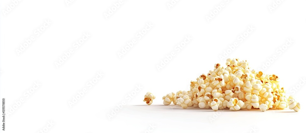 Poster pile of buttery popcorn on a clean white background positioned slightly to the right featuring a lig