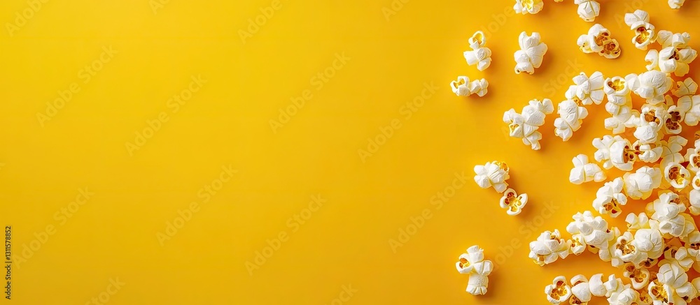 Poster top view of scattered popcorn on vibrant yellow background creating a playful design with ample copy