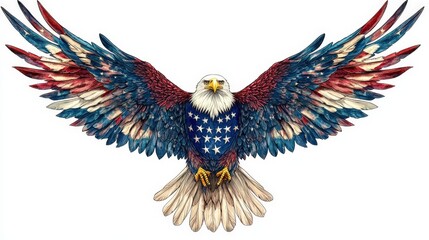 Obraz premium Majestic bald eagle in flight, wings unfurled—a stunning display of red, white, and blue plumage against a crisp white backdrop, showcasing intricate feather detail