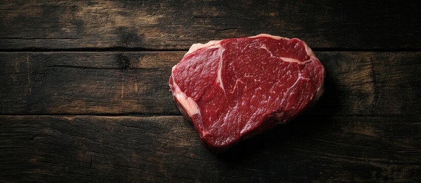 Raw beef steak resting on a dark wooden table with rich browns and deep reds highlighting its marbled texture and natural contours.
