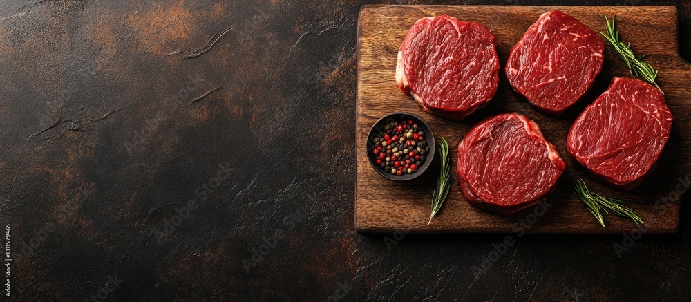 Poster raw beef fillet steaks arranged on a wooden cutting board with fresh herbs and peppercorns on a dark