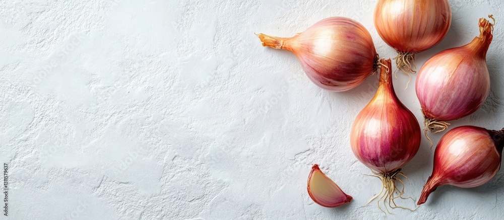 Poster fresh shallot onions in various sizes atop a white textured background with ample space on the left 