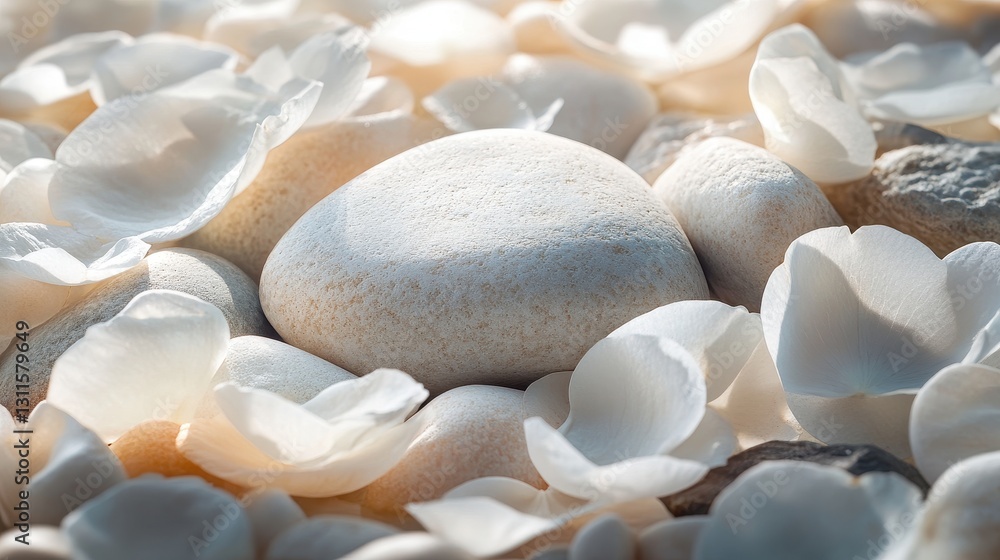 Poster Natural decorative arrangement of smooth stones and delicate flower petals on a soft surface displaying tranquility and harmony in a serene setting