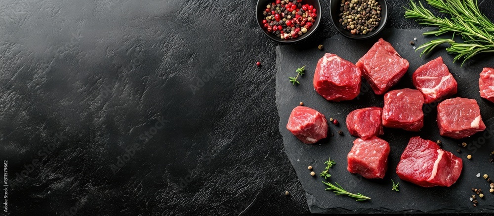 Aufkleber fresh red beef cubes with herbs and spices on dark slate background top view ample space for text or