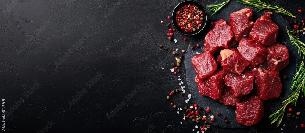 Aufkleber raw beef chunks garnished with fresh rosemary and colorful spices on a black slate table top view wi