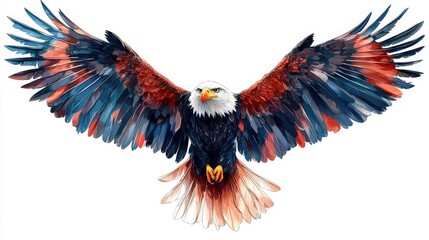 Obraz premium A majestic bald eagle spreads its vividly colored wings—red, blue, and black feathers shimmer against a stark white backdrop, showcasing intricate detail in every feather