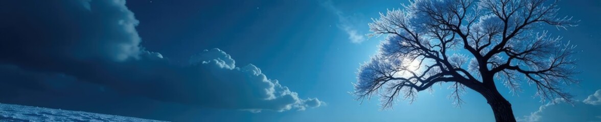 Frost-covered branches of a tree glisten in the moonlight as they sway gently in the wind, shadowy, tree, moonlight