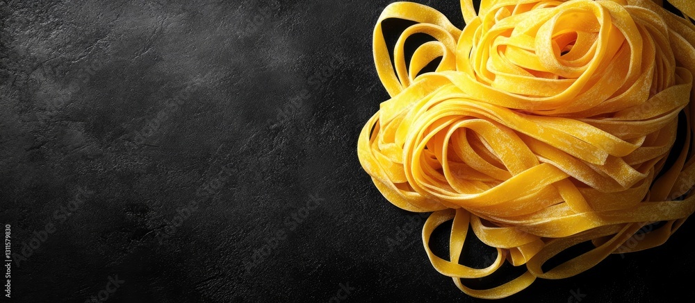 Poster yellow tagliatelle pasta on a dark textured background with ample left copy space for text in an ove