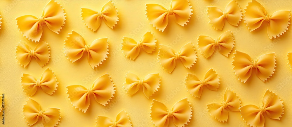 Poster yellow background featuring an array of uncooked farfalle pasta shaped like butterflies arranged sym