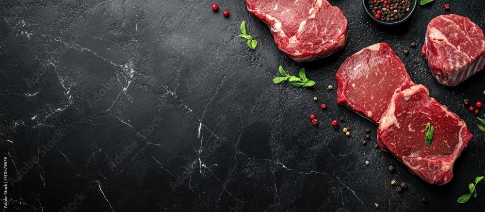 Poster marbled beef steaks arranged on a dark stone surface with assorted peppercorns and green herbs creat