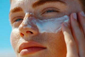 Individual is applying sunscreen to their face under the bright sun, enjoying a warm beach day
