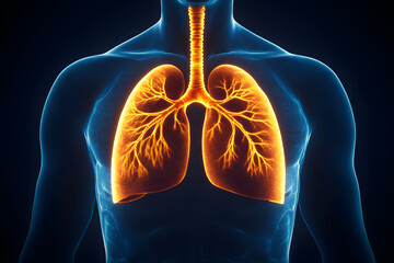 Neon orange glowing human lungs showcasing the intricate structure of the respiratory system