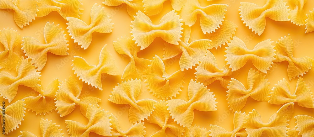 Poster dry farfalle pasta scattered across a vibrant yellow surface creating a textured pattern with ample 