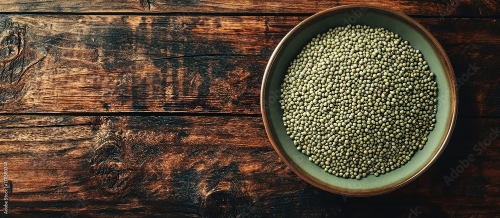 Poster raw green buckwheat seeds in a green plate on a rustic wooden table capturing natural textures with 