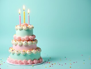 Soft-toned birthday cake in closeup with swirling pink and blue layers, topped by bright candles. Soft-toned icing exudes playful retro charm, ensuring a fun celebration for everyone