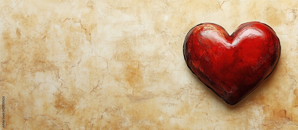 Poster red heart positioned on the left side of an aged beige background with soft texture, leaving ample c