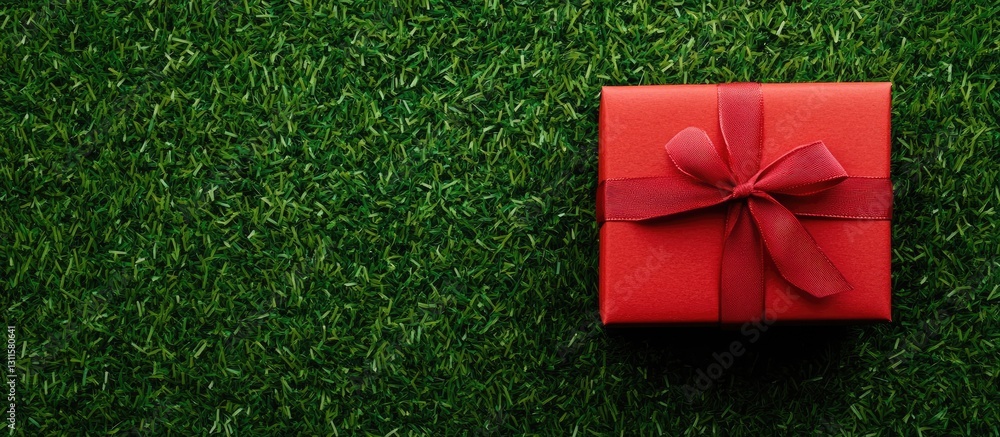 Poster red gift box with a bow positioned in the top right corner on a lush green grass background featurin