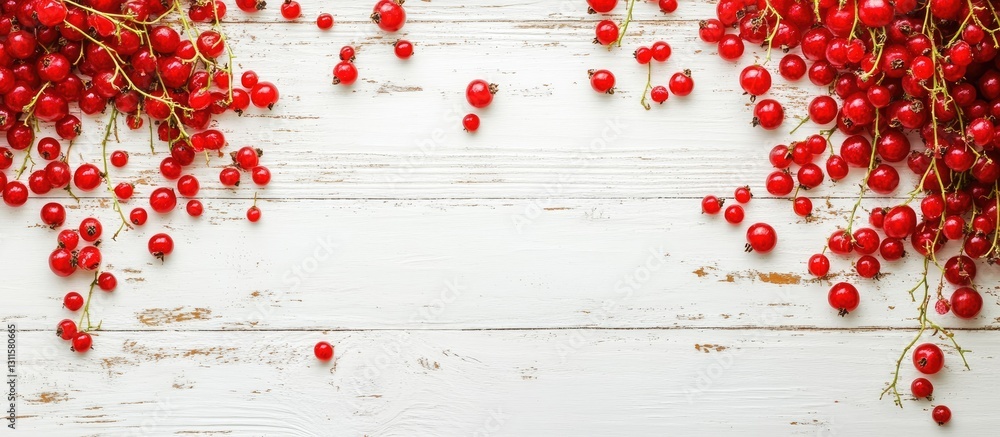 Aufkleber fresh red currants arranged along the edges of a rustic white wooden background, creating negative s