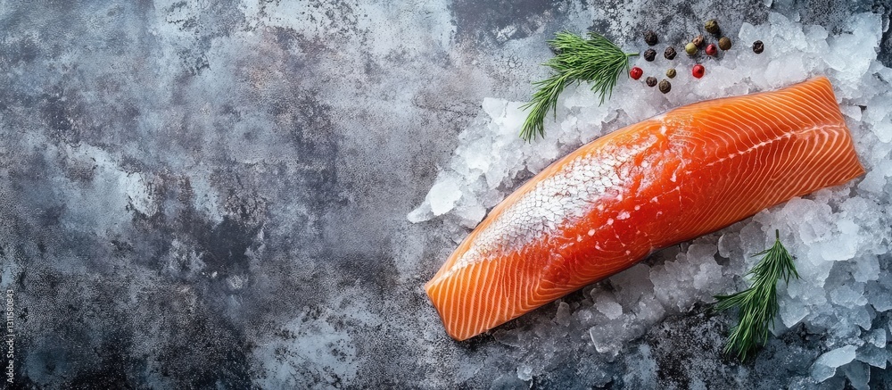 Poster fresh salmon fillet on ice with green dill and scattered peppercorns top view on dark textured surfa