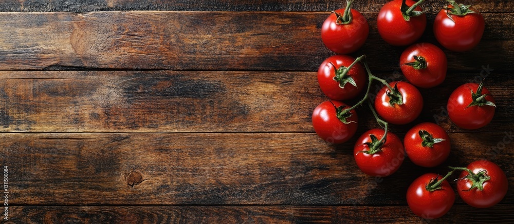 Poster fresh red tomatoes arranged in a cluster on a rustic wooden background with a dark brown texture and