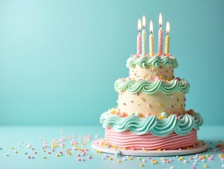 Vintage tiered birthday cake with swirled pink and blue cream, presented against plain blue background. Vintage flair blends sweet nostalgia and modern color pop for joyful festivities