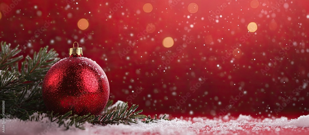 Aufkleber red shiny christmas ornament on snow next to a green pine branch with a soft bokeh effect on a vibra