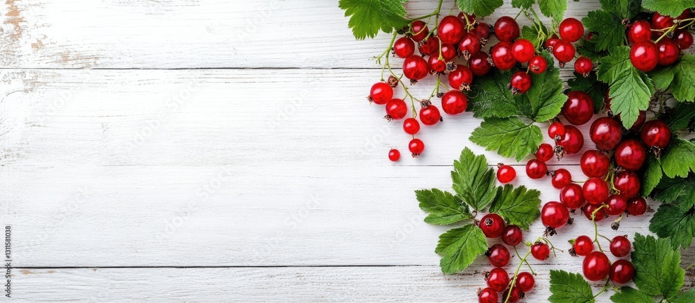 Aufkleber top view of vibrant red currants with green leaves on a rustic white wooden background with ample sp
