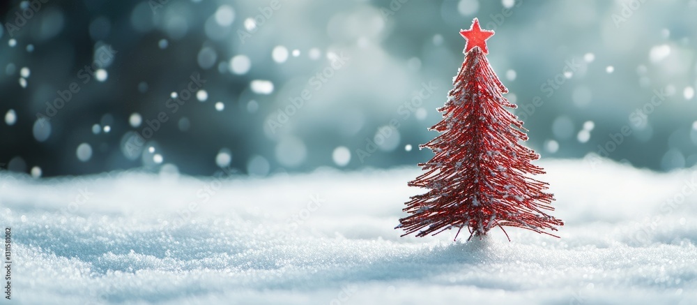 Aufkleber red christmas tree decoration with a star topper placed on a snowy backdrop, featuring soft bokeh li