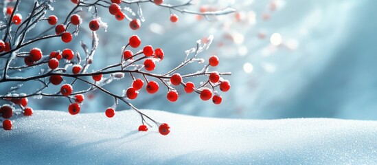 Bright red berries contrast against a smooth white snow background with soft blue tones and gentle light illuminating the scene from behind.