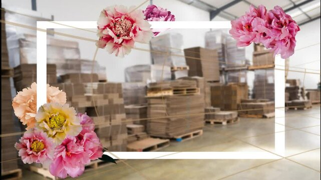 Warehouse with stacked cardboard boxes, overlaid with colorful flower animation