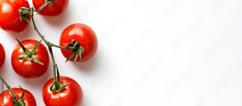 Poster fresh red ripe tomatoes clustered on a bright white background with ample copyspace on the right for