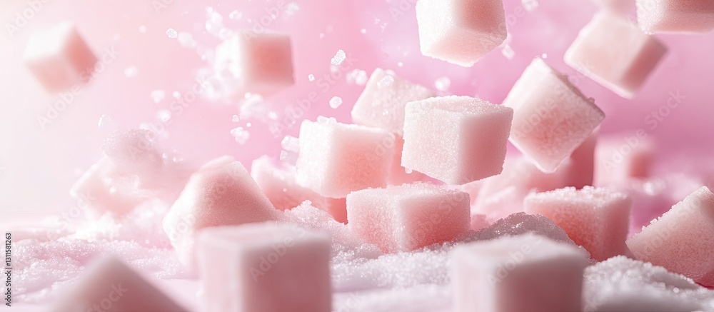 Poster falling pink sugar cubes scattered over white sugar with a soft pink gradient background creating a 