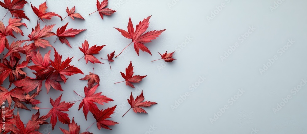 Poster vibrant red japanese maple leaves scattered on a soft gray background with varying sizes creating a 