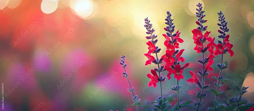 Poster vibrant red salvia blooms in sharp focus surrounded by a soft misty background of purple and green h