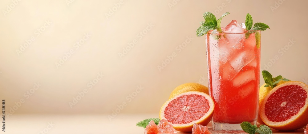 Poster refreshing red grapefruit drink with ice and mint in glass on right, sliced grapefruit and mint leav