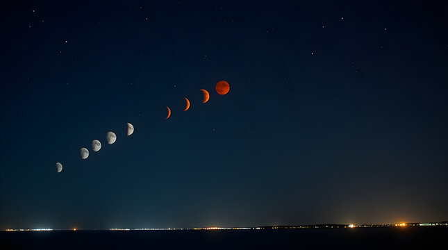 Stunning Blood Moon Lunar Eclipse Timelapse Night Sky Stars City Lights Horizon