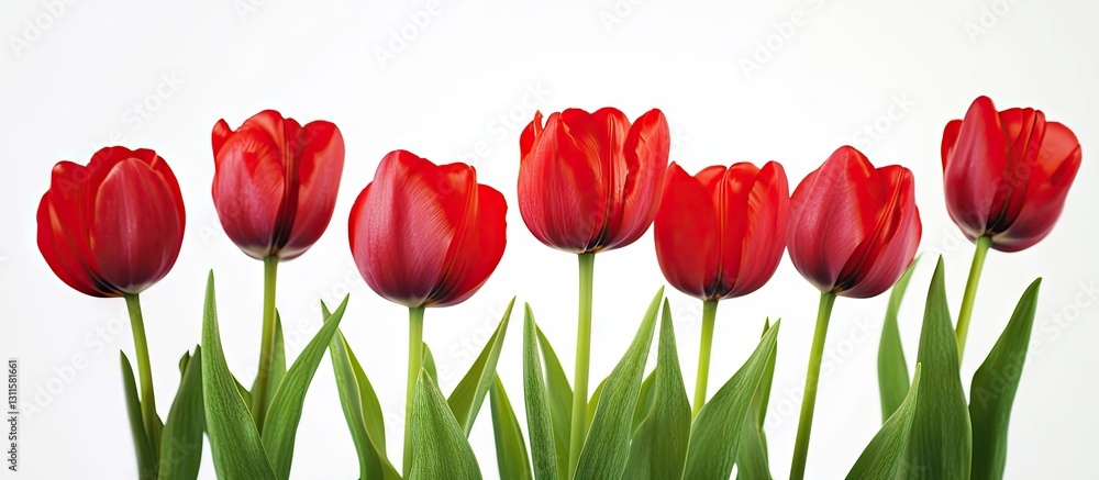 Poster vibrant red tulips arranged in a row with green leaves on a white background illuminated by soft nat