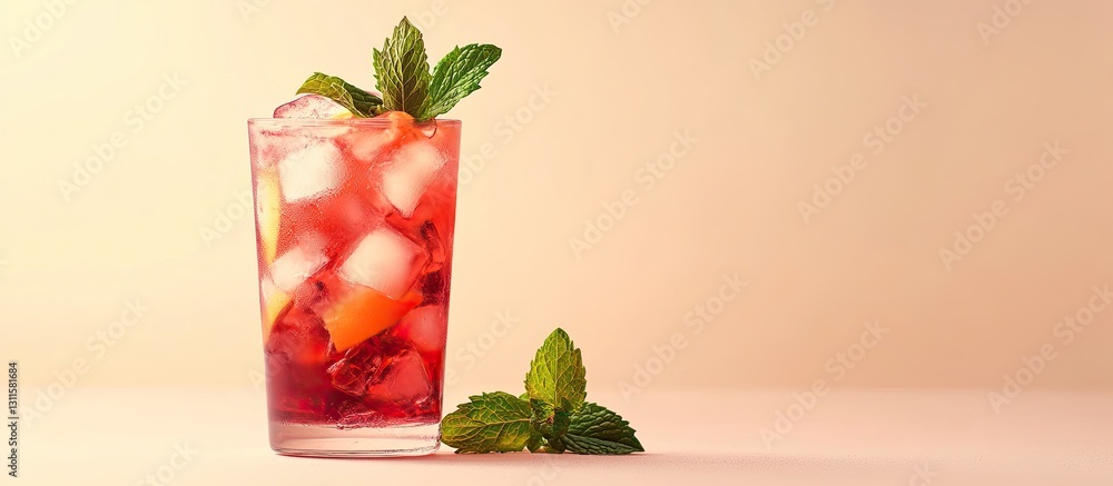 Poster refreshing red drink with ice and grapefruit garnished with fresh mint on a soft beige background po