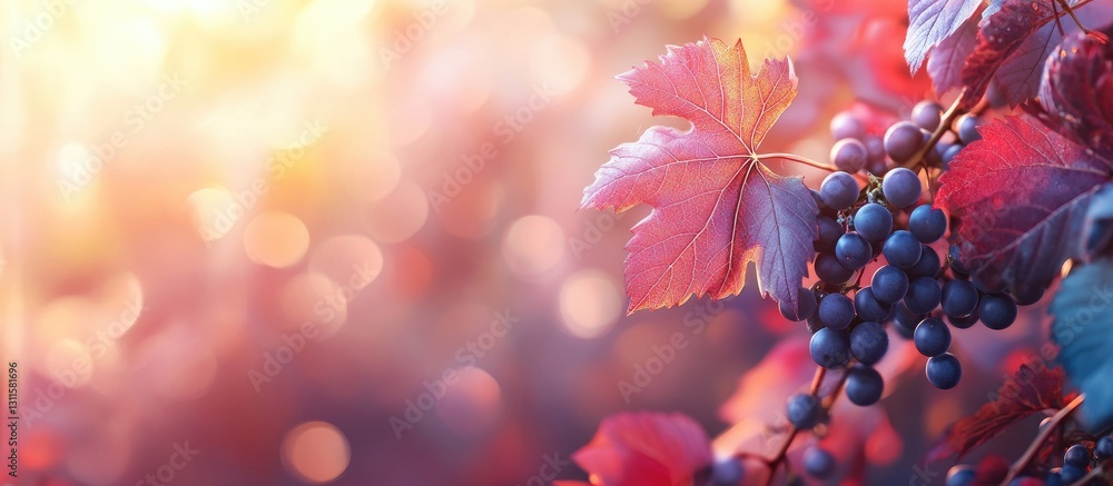 Poster autumn leaves of wild grapes in vibrant red hues with blurred golden background and colorful foliage