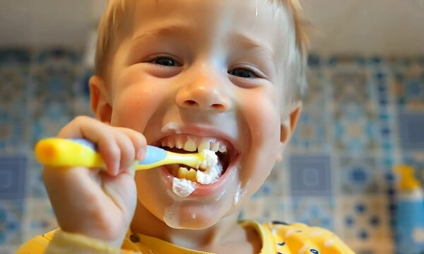 Happy child brushing teeth with toothbrush and toothpaste