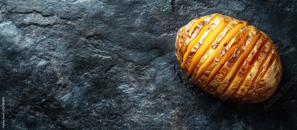 Poster roasted hasselback potato with golden crust on dark stone surface positioned left with ample copy sp