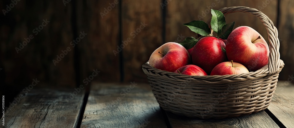 Aufkleber fresh red apples in a woven basket placed on a rustic wooden table with dark wooden background creat