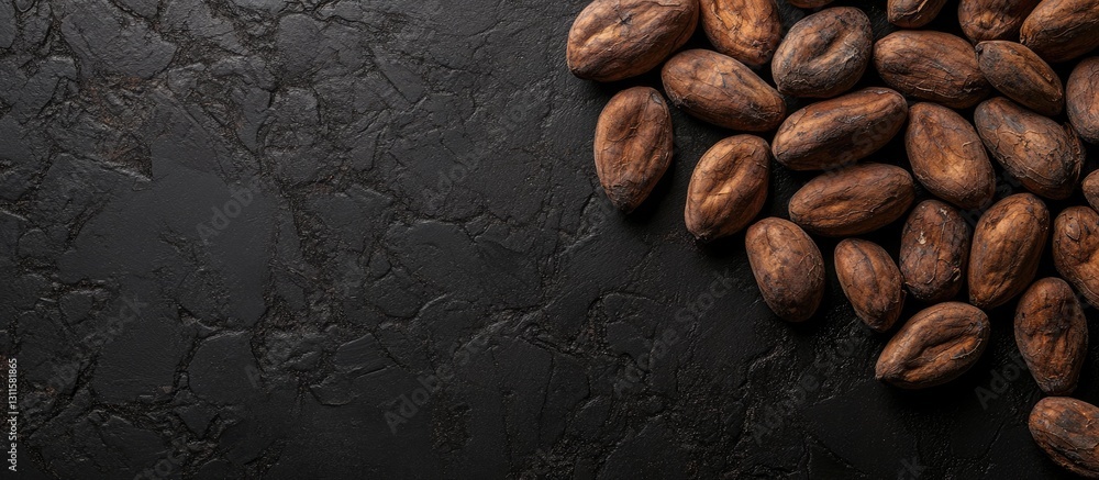 Poster roasted cocoa beans scattered on a textured black background with ample copy space showcasing rich e