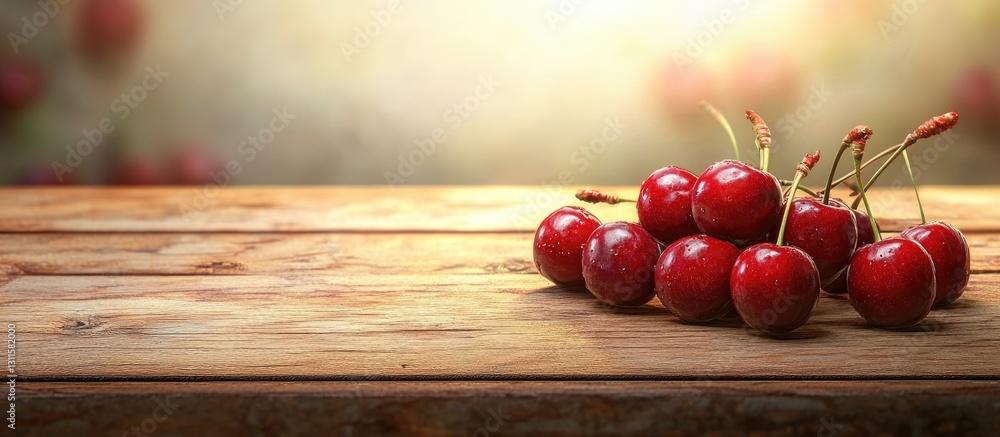 Poster ripe red cherries clustered on a rustic wooden table with soft warm lighting and ample copyspace on 