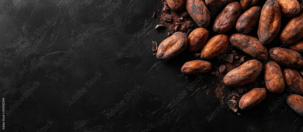 Aufkleber roasted cocoa beans arranged on a textured black background with ample copy space showcasing their r